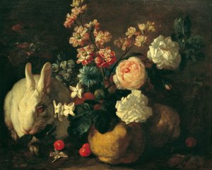 Nature morte avec lapin, fleurs et fruits