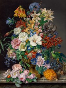 Composition florale avec ananas, raisins et perroquet - Franz Xaver Petter