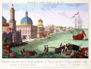 Vue de la Basse-Ville à Québec vers le fleuve Saint-Laurent. Gravure de Franz-Xavier Habermann