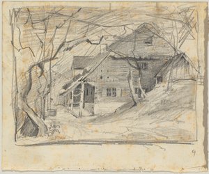 Ferme sous des arbres nus