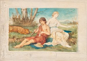 Garçon avec double flûte et muse