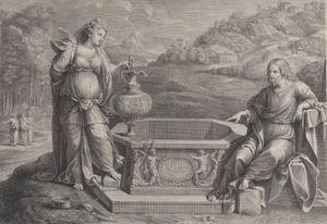 Christ, assis à droite, et la femme de Samarie, debout à gauche, vers 1729 - Frédéric Horthemels