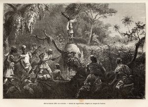 Abd es Samate, ami et lieutenant de Mounza, roi des Mombuttous, défiant ses ennemis les Zandes (ou niam niam) qui leur ont déclaré la guerre, gravure d