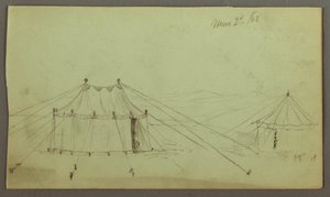 Dessin, une tente oblongue décorée et une tente circulaire attachée par des cordes, 2 mars 1868 - Frederic Edwin Church