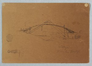 Dessin, pont de bambou à Buga, Colombie et fille portant une jarre, Cartago, Colombie, juillet 1853 - Frederic Edwin Church