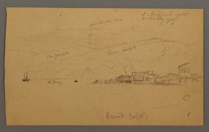 Dessin, baie avec des maisons, montagnes derrière, janvier 1868 - Frederic Edwin Church