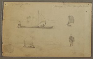 Dessin, Bungoes : Croquis de voiliers et de travailleurs, le long du Rio Magdalena, Colombie, mai 1853 - Frederic Edwin Church