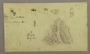 Dessin, cheminées, cascades, personnages, etc., juillet 1868 peut-être - Frederic Edwin Church