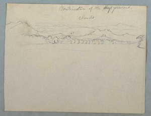 Dessin, Paysage de montagnes sud-américaines couvertes de nuages vu à côté d