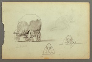 Dessin, chariot couvert, trois études de femme, peut-être 1868 - Frederic Edwin Church