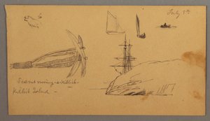 Dessin, chien, études de voilier, ancre, falaises, peut-être 8 juillet 1859 - Frederic Edwin Church