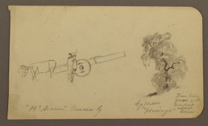 Dessin, personnage et charrette à bœufs, cyprès ; verso : vue du lac de Cuitzeo, janvier 1885 - Frederic Edwin Church