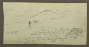 Dessin, tas de pierres, plaine et montagnes, Soleil, 19 février 1868