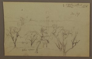 Dessin, collines, arbres, soleil bas, 1867 - Frederic Edwin Church