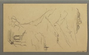 Dessin, maison, pont, château, toits, août 1868