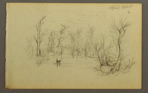 Dessin, étang Htakie ( ), deux personnes dans un canoë, 1845 - Frederic Edwin Church