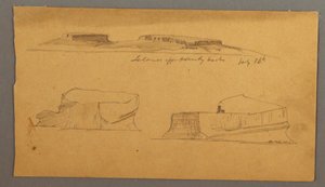Dessin, île au large du port de Henly et deux icebergs flottants, 16 juillet 1859 - Frederic Edwin Church