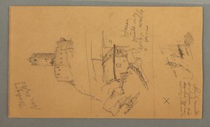 Dessin, château médiéval, maison en cascade, 24 août 1868 - Frederic Edwin Church