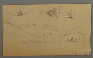 Dessin, château médiéval, deux tours, études de personnages, près de Thun, peut-être 1868 - Frederic Edwin Church