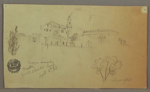 Dessin, Mosquée et bâtiments adjacents, arbres, 4 avril 1868 - Frederic Edwin Church