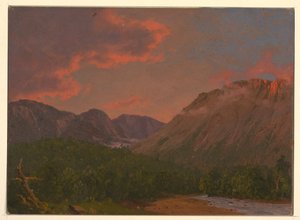 Dessin, paysage de montagne au coucher du soleil, 1865