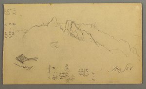 Dessin, pics montagneux, sanctuaire au bord de la route, août 1868