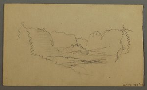 Dessin, pics montagneux, sanctuaire au bord de la route, août 1868 - Frederic Edwin Church