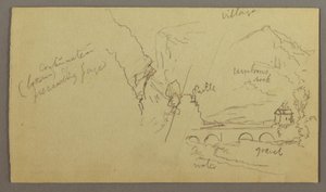 Dessin, vallée montagneuse, pont, bâtiments, peut-être 1868-69 - Frederic Edwin Church
