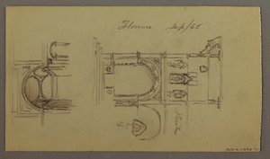 Dessin, vallée montagneuse, pont, bâtiments, peut-être 1868-69