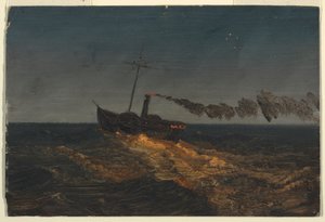 Dessin, bateau à aubes au crépuscule, vers 1853