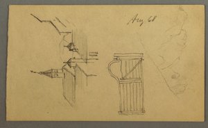 Dessin, toits, portes, sommets de montagne, août 1868