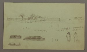 Dessin, ruines entourées de murs, tentes, études de deux figures, 28 avril 1868 - Frederic Edwin Church