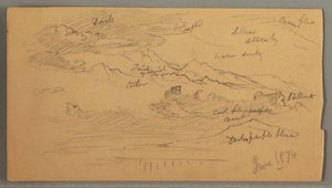 Dessin, pics montagneux acérés, ciel nuageux, juin 1874 - Frederic Edwin Church