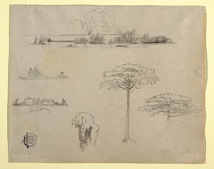 Dessin, Croquis de Colombie : Paysage fluvial, hommes sur des radeaux et arbres, 1853 - Frederic Edwin Church