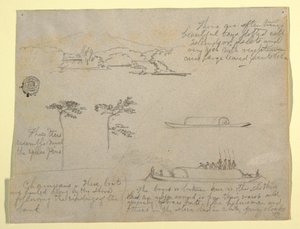 Dessin, Croquis de Colombie : Arbres et embarcations (Champans), 1853