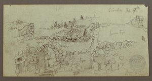 Dessin, bâtiment en pierre, hommes rassemblés sur le toit, 17 février, peut-être 1868 - Frederic Edwin Church