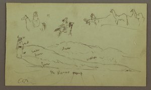 Dessin, études de personnages sur des ânes et ânes, personnage sur une colline, peut-être 1868 - Frederic Edwin Church