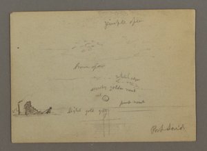 Dessin, coucher de soleil sur la mer, bateau à vapeur, peut-être 1868