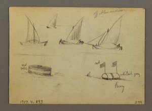 Dessin, coucher de soleil sur la mer, bateau à vapeur, peut-être 1868 - Frederic Edwin Church