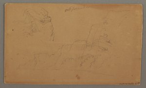 Dessin, maison en bois, deux voiliers, études de toit, peut-être 1868 - Frederic Edwin Church