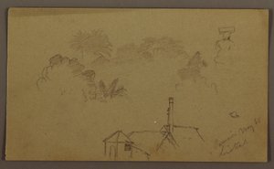 Dessin, arbres, personnage, maison Linstead, mai 1865 - Frederic Edwin Church