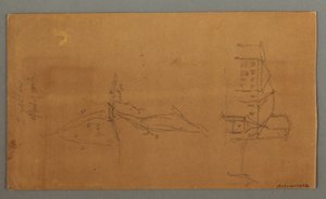 Dessin, deux églises, vallée, cascade, 1868 - Frederic Edwin Church