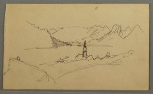 Dessin, vallée, église, St. Gilgen Autriche, peut-être 1868