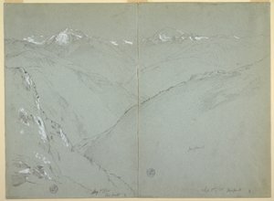 Dessin, paysage de vallée avec des sommets enneigés, Alpes bernoises, Suisse, première partie, 1er septembre 1868 - Frederic Edwin Church