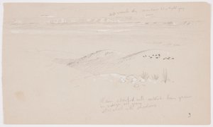 Dessin, vue sur les collines et la plaine en direction des montagnes, vallée d