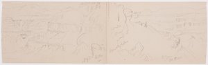 Dessin, vue sur les collines et la plaine en direction des montagnes, vallée d