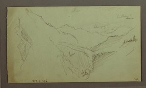 Dessin, village et vallée montagneuse escarpée (Alpes), 1868-69
