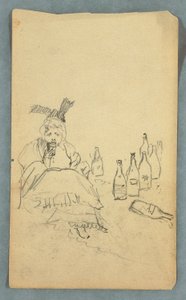 Dessin, Femme buvant, bouteilles de vin, recto ; Liste de courses pour l