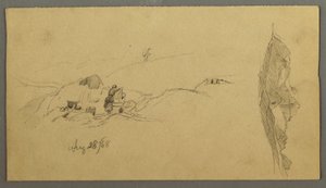 Dessin, femmes se lavant à un abreuvoir, montagnes, 28 août 1868 - Frederic Edwin Church