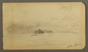 Dessin, rivage boisé dans le brouillard, peut-être 1878